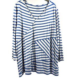 Talbots Women's Top Plus 3X Blue White Mixed Striped 3/4 Sleeve Pullover Stretch